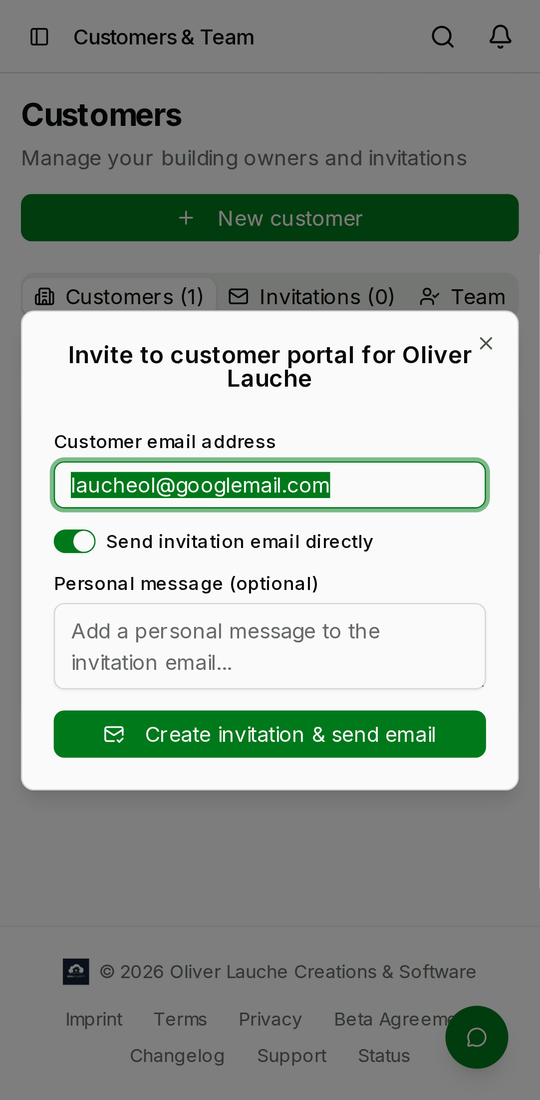 Customer invite dialog with the customer name, email field pre-filled, expiration text '7 days', and an orange Invite button. — mobile view
