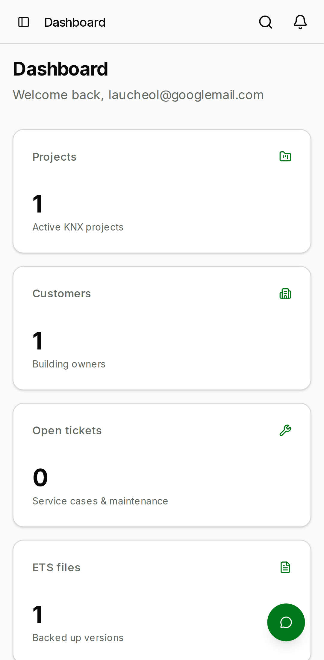Dashboard page showing a welcome header with the user's name, four KPI tiles (total projects, customers, team members, open service cases), a recent-projects card, and a recent-activity feed. — mobile view