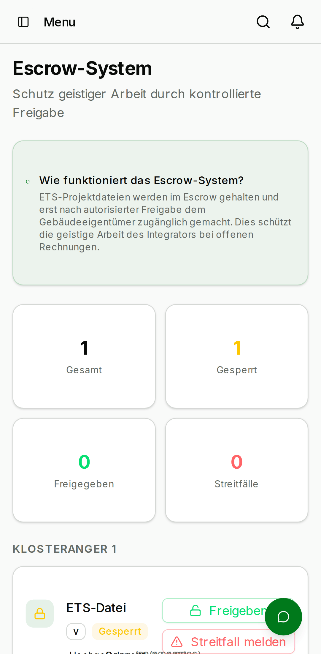 Escrow page showing a list of escrowed projects with their counterpart organisation, escrow status, and Release / Dispute actions per row. — mobile view