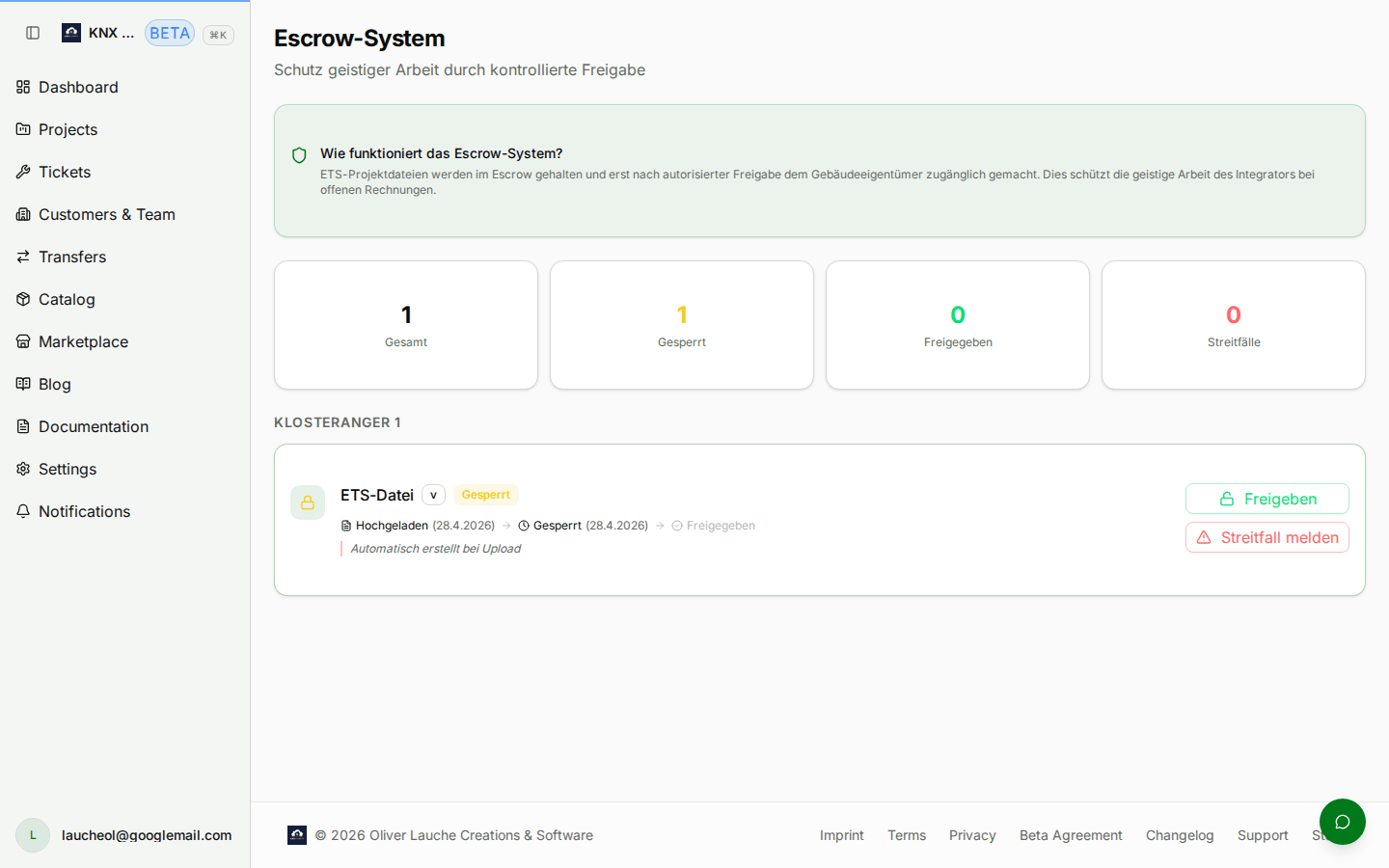 Escrow page showing a list of escrowed projects with their counterpart organisation, escrow status, and Release / Dispute actions per row.