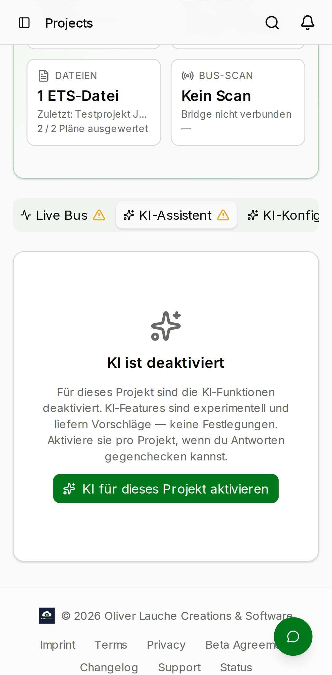 Project AI assistant tab showing a chat thread with a user question 'How many dimmers do I have in this project?' and an assistant response listing the dimmers grouped by room. — mobile view