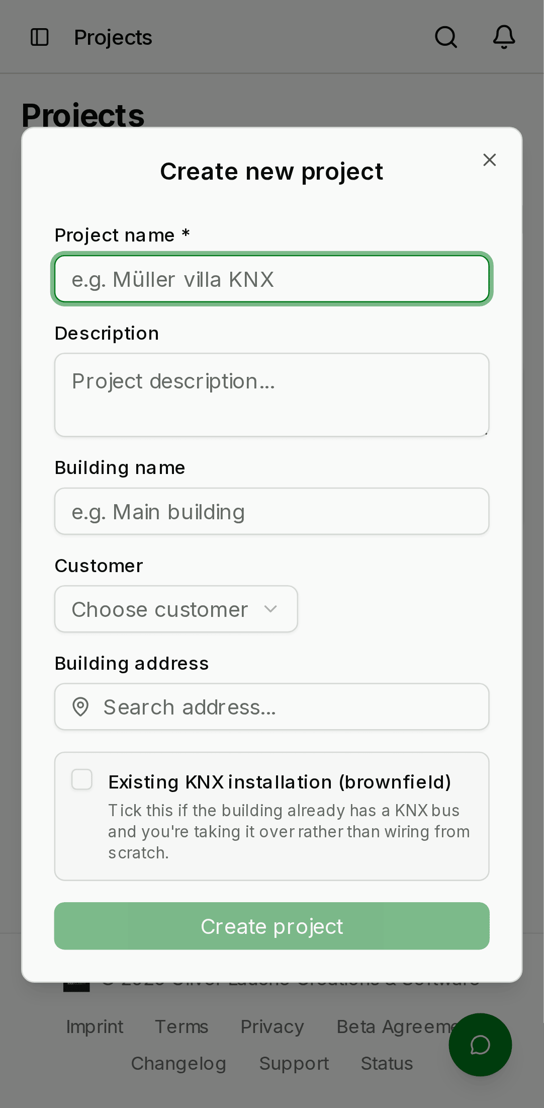 Create-project dialog showing fields for project name, customer (dropdown), building name, building address, and description, with Cancel and Create buttons. — mobile view