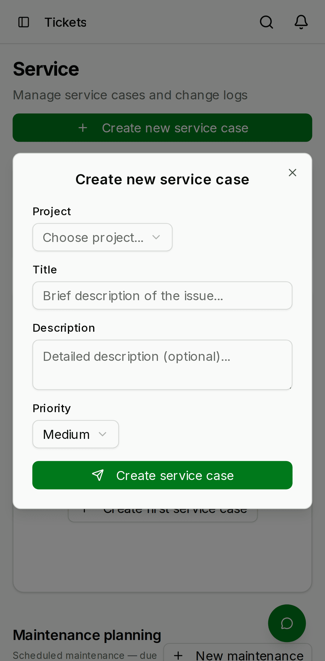 Create service case dialog showing a project selector (pre-filled), title, description, priority radio group, and an optional assignee dropdown. — mobile view
