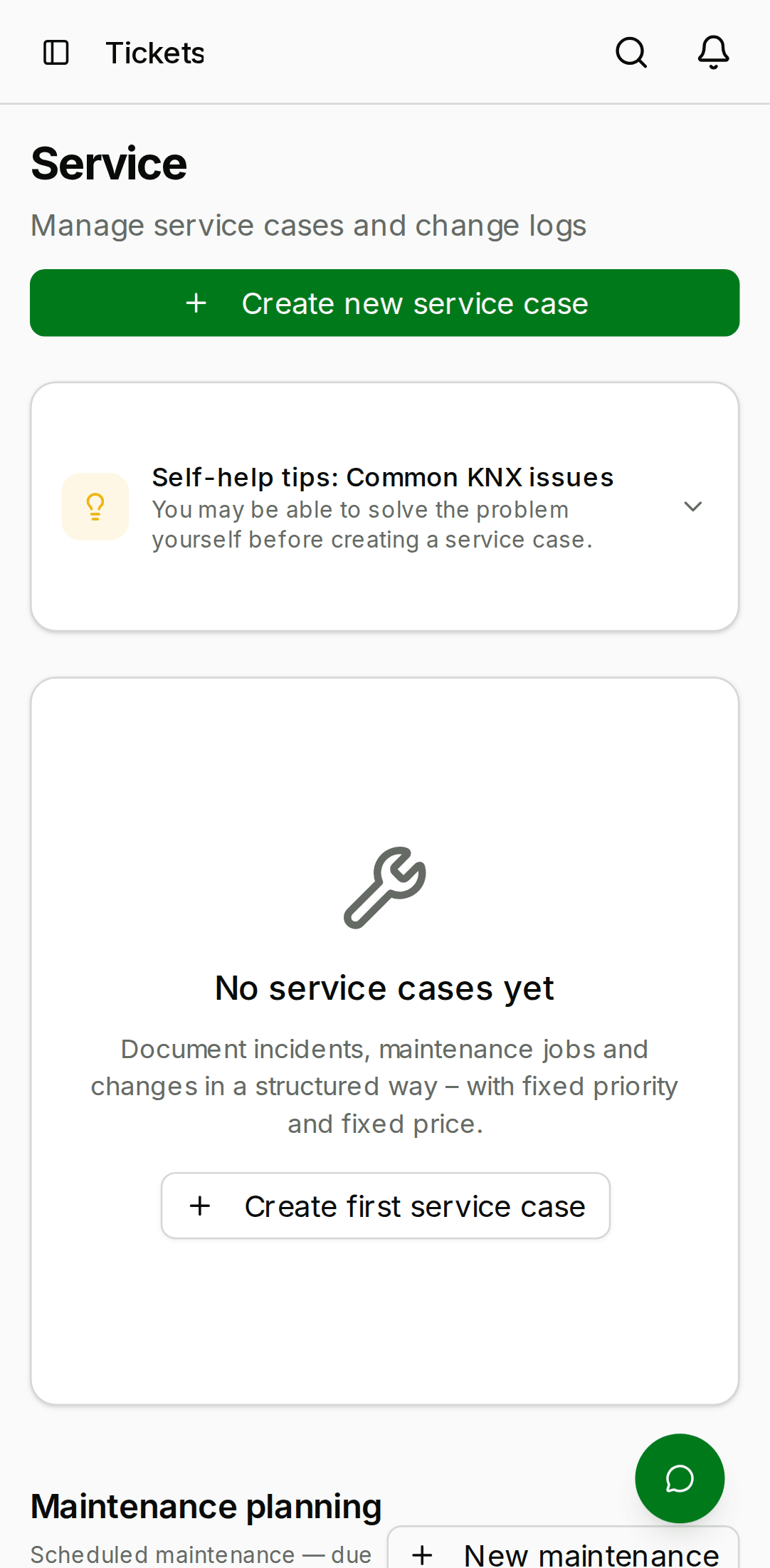 Service cases page with a filter bar at the top (status, priority, assignee, project), a search input, and a kanban-style view with four columns: Open, In progress, Resolved, Closed. — mobile view