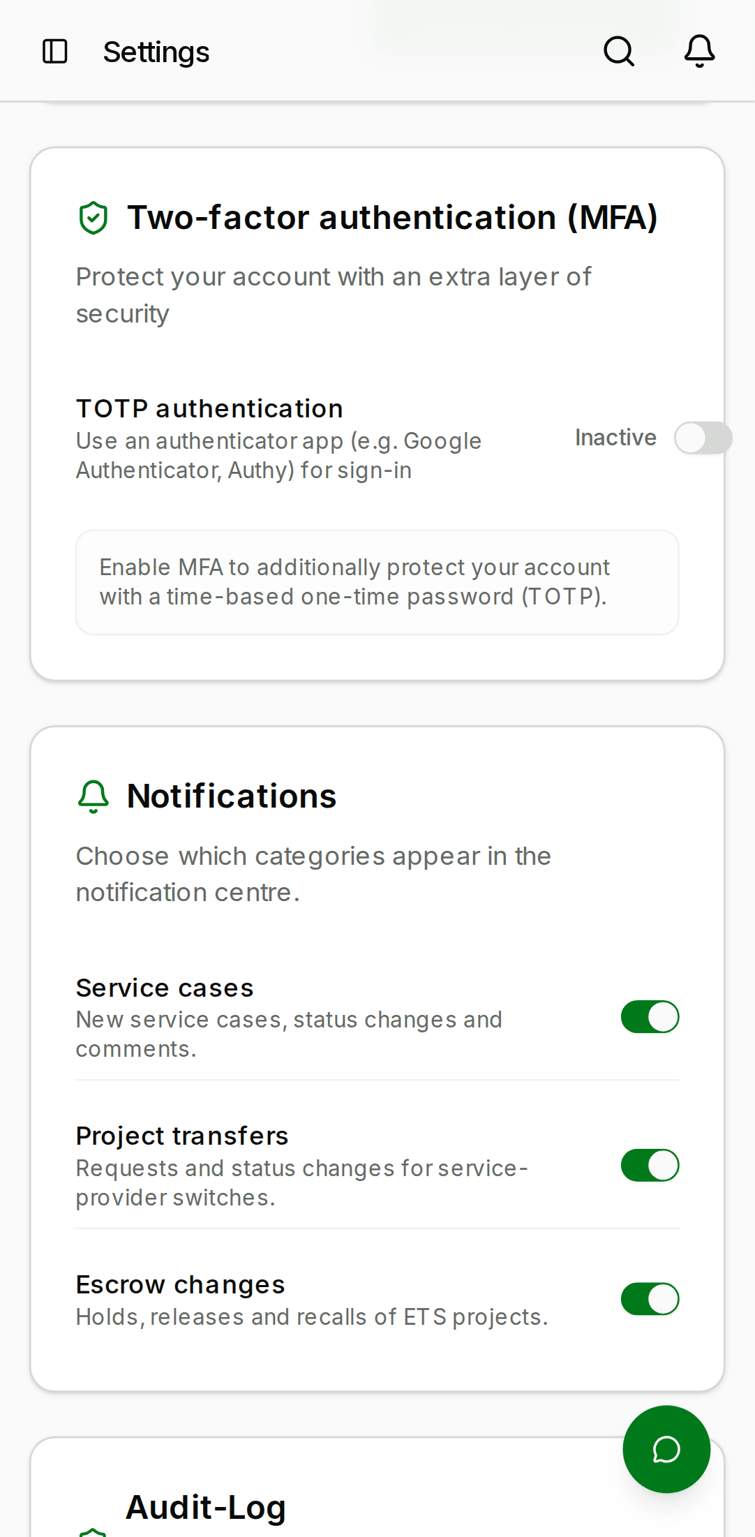Settings Notifications tab showing a table of notification event types with two columns of toggle switches labelled In-app and Email. — mobile view