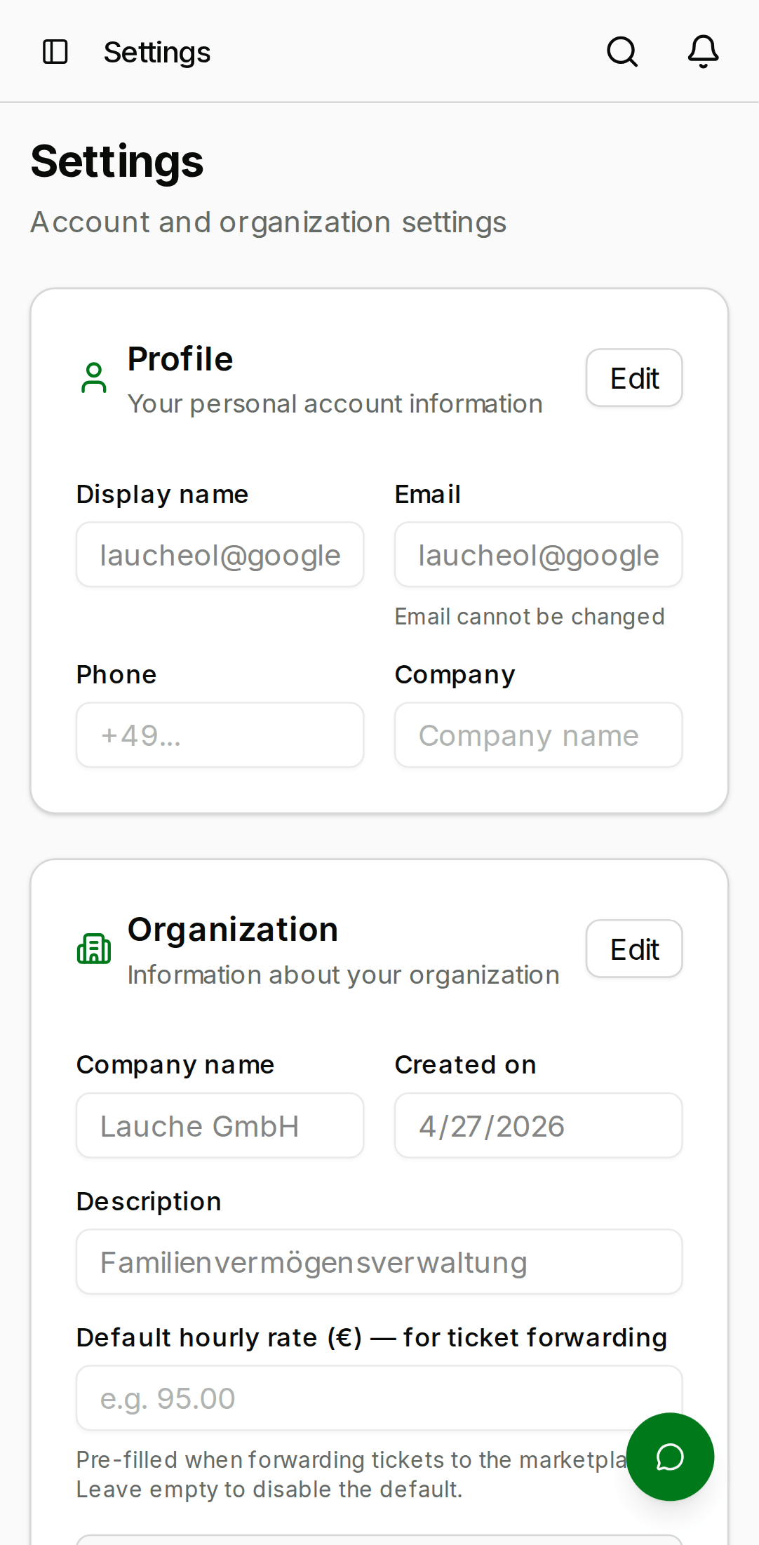 Settings Profile tab showing display name, email, company, phone, and KNX role fields, each with a pencil icon to edit inline and a Save button. — mobile view