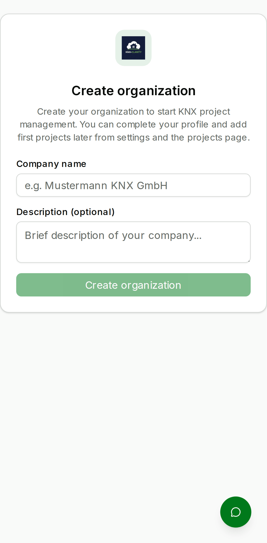 Setup organisation prompt with a text input labelled 'Organisation name', an optional description text area, and a primary 'Create organisation' button. — mobile view