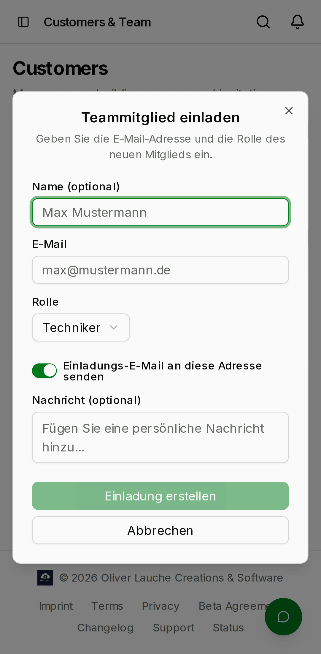 Team invite dialog with an email input, a role radio group showing admin / technician / service / viewer, and a primary Send invitation button. — mobile view