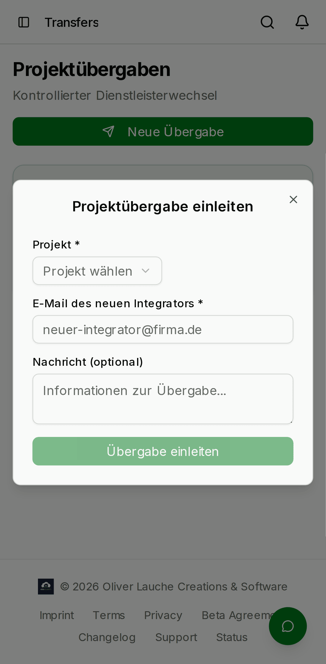 Initiate transfer dialog with destination org search, admin email input, a notes text area, and a primary Initiate button. — mobile view